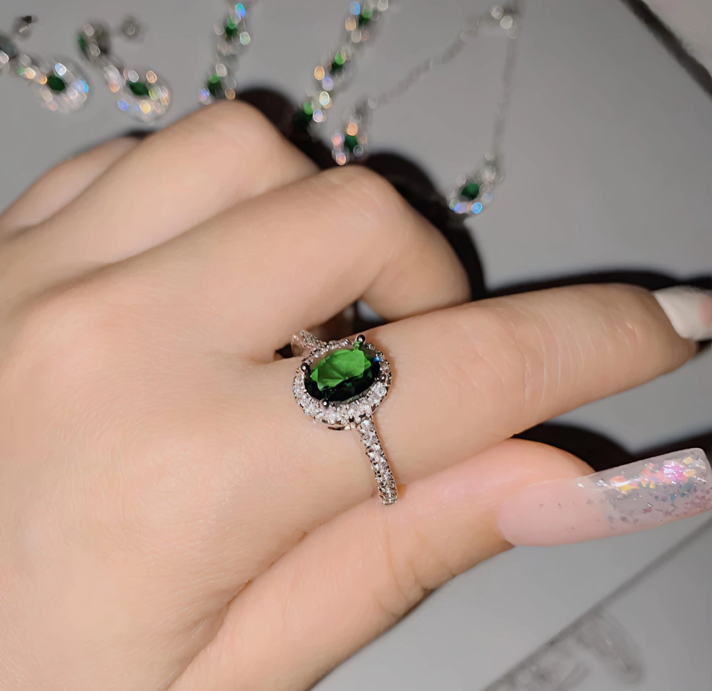 Emerald Glow™ 4-Piece Royal Green American Diamond Jewelry Set – Necklace, Earrings, Bracelet & Ring