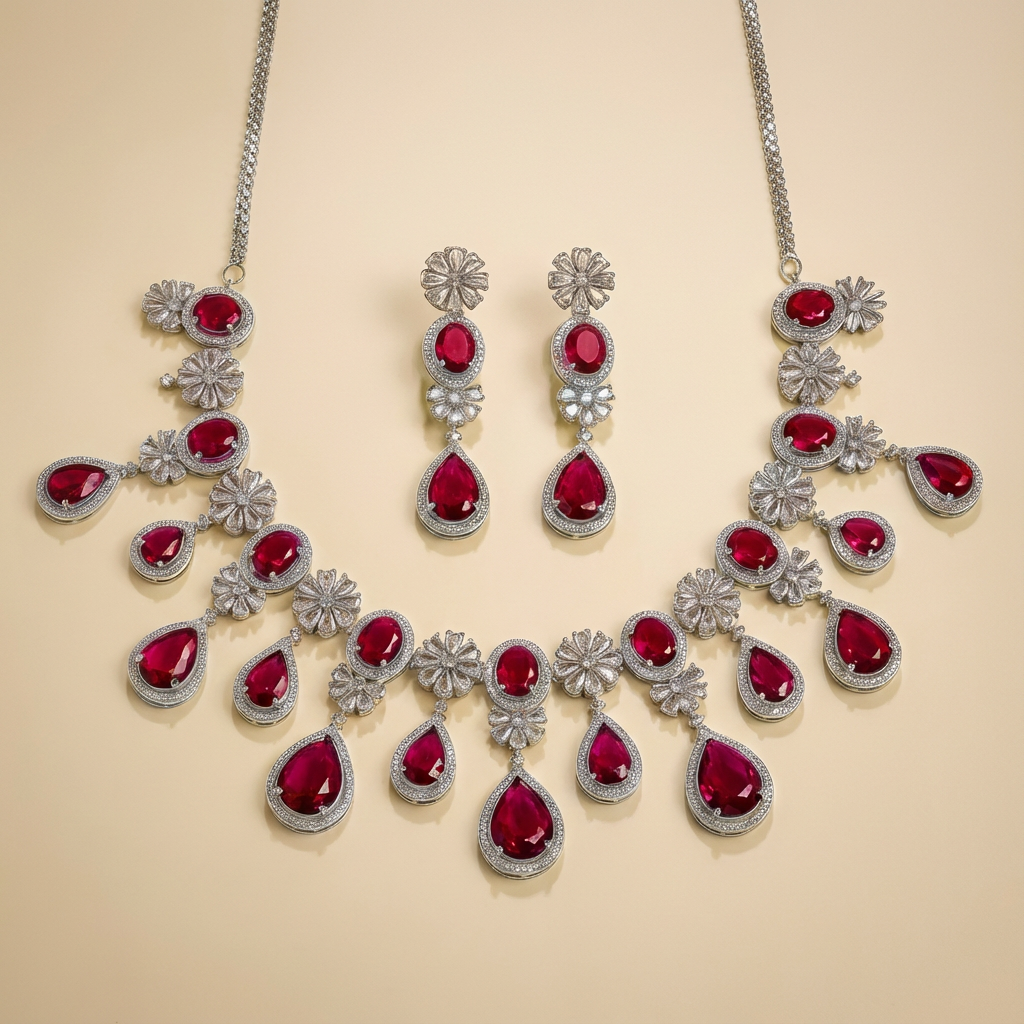 Jewelry set with red gemstones and silver accents on a beige background