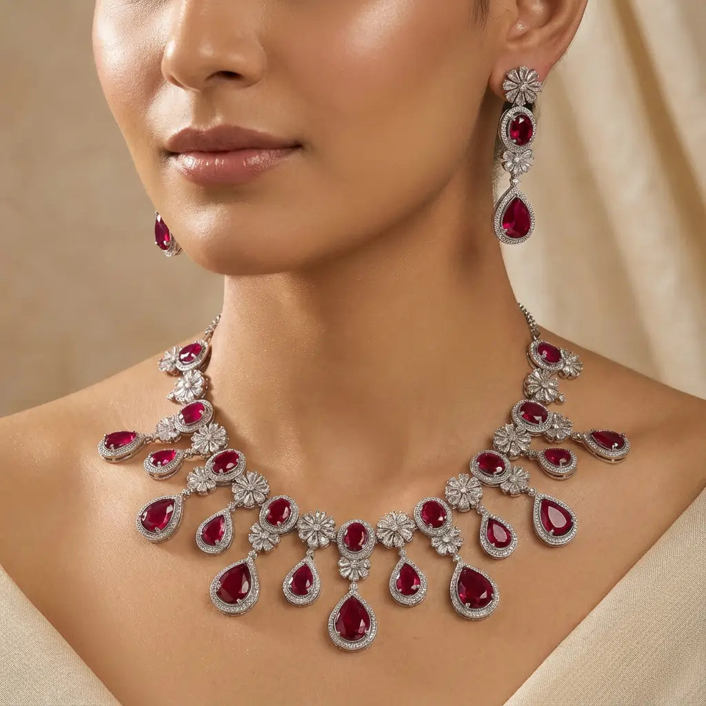 Royal Ruby CZ Floral Drop Necklace & Earrings Set | Silver-Tone Statement Jewelry for Weddings & Festive Wear