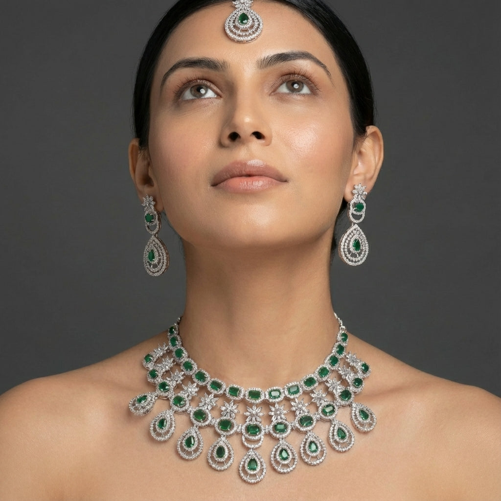 QueenAura™ Premium Silver-Plated Bridal Jewelry Set – Necklace, Maangtika & Earrings with American CZ Diamonds