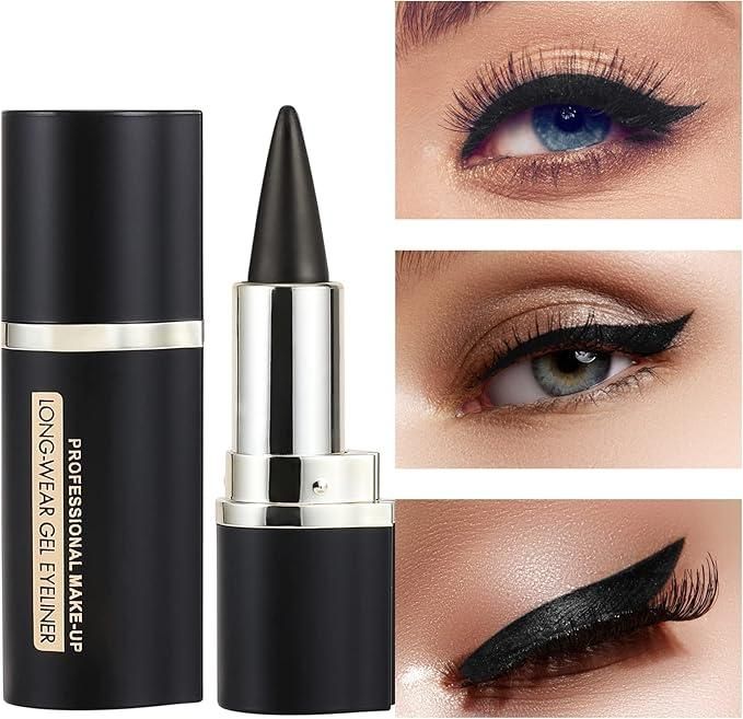 Black gel eyeliner with close-up shots of eyes wearing the product.