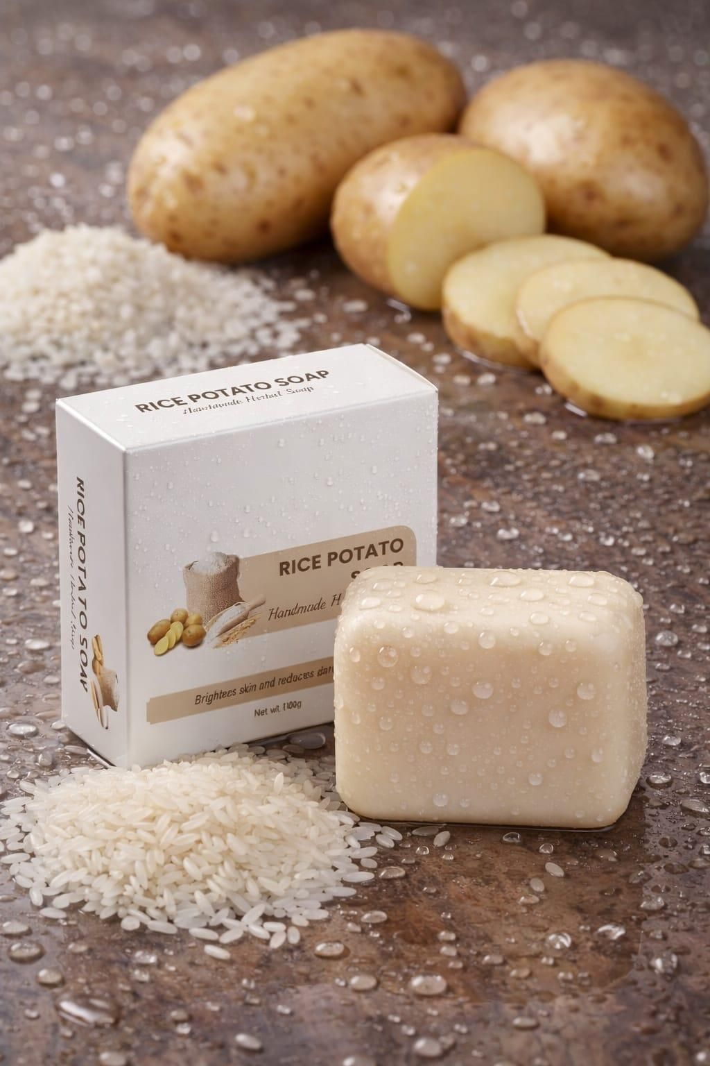 Bar of rice potato soap with packaging, surrounded by potatoes and rice on a rustic surface.