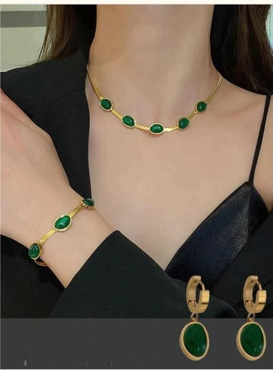 Emerald Glow™ Oval Green Stainless Crystal Pendant Necklace & Bracelet Set- Gold-Plated Elegance