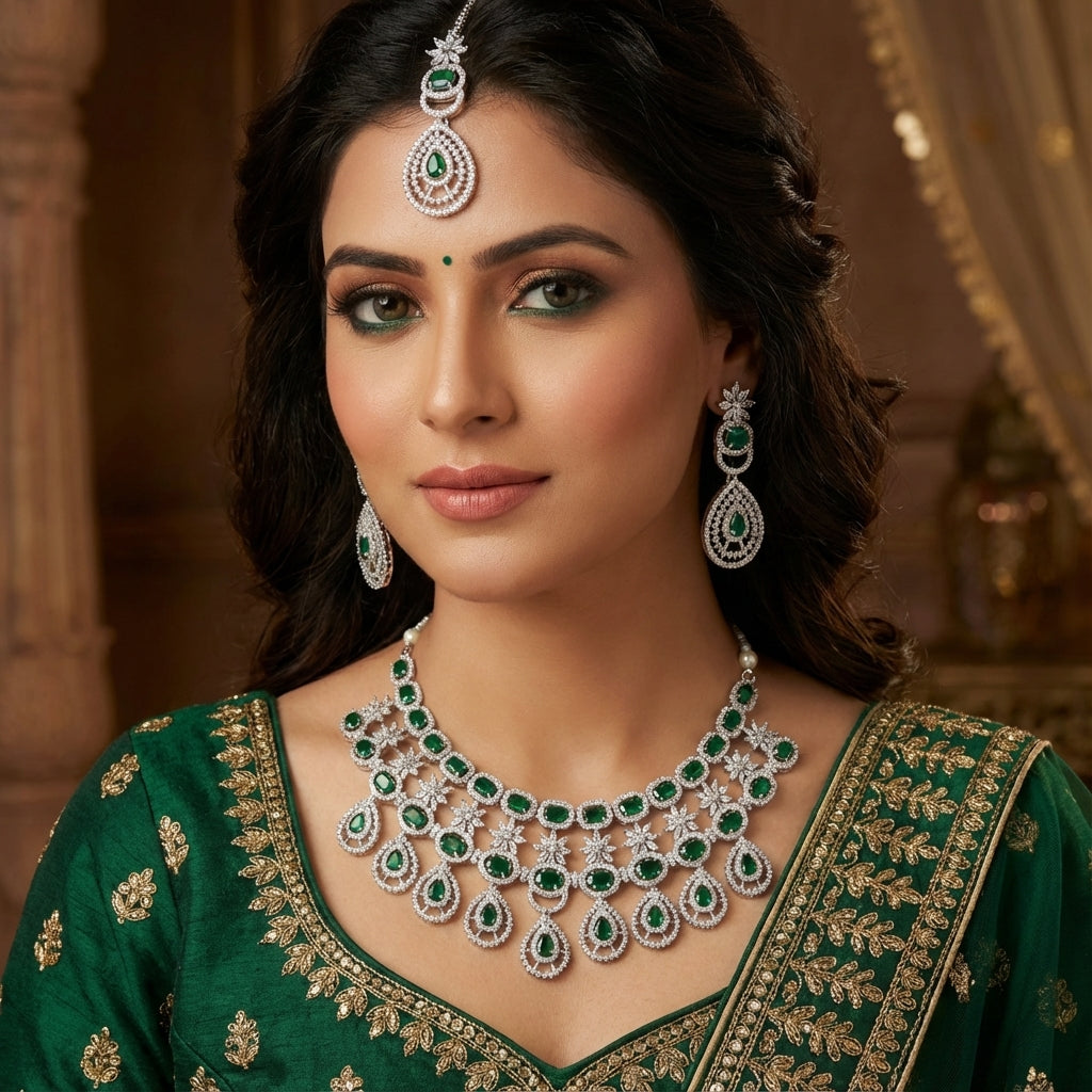 Woman wearing green traditional attire with jewelry in a warm-toned setting