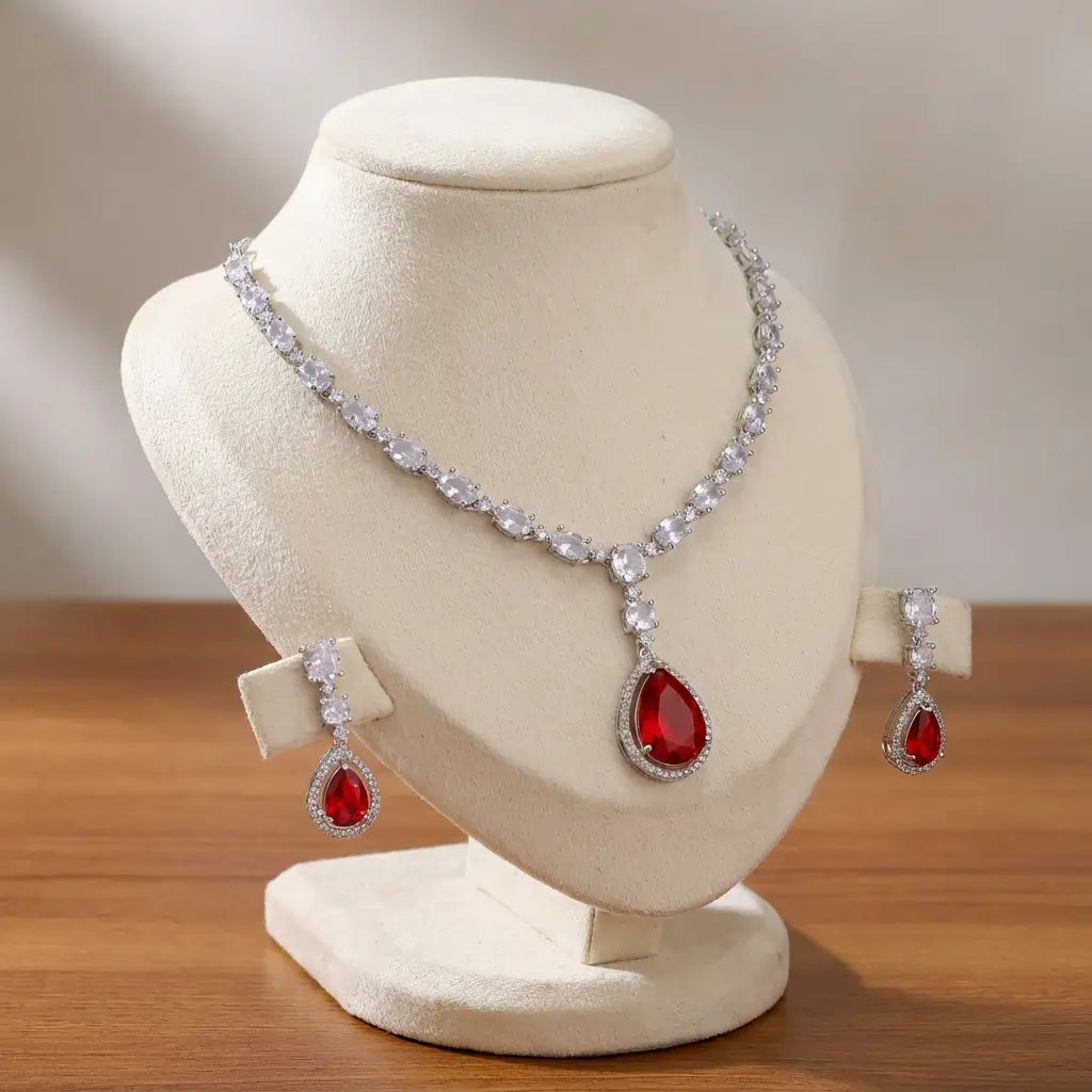 Royal Teardrop CZ Necklace & Earrings Set for Women – Silver-Tone Statement Jewelry