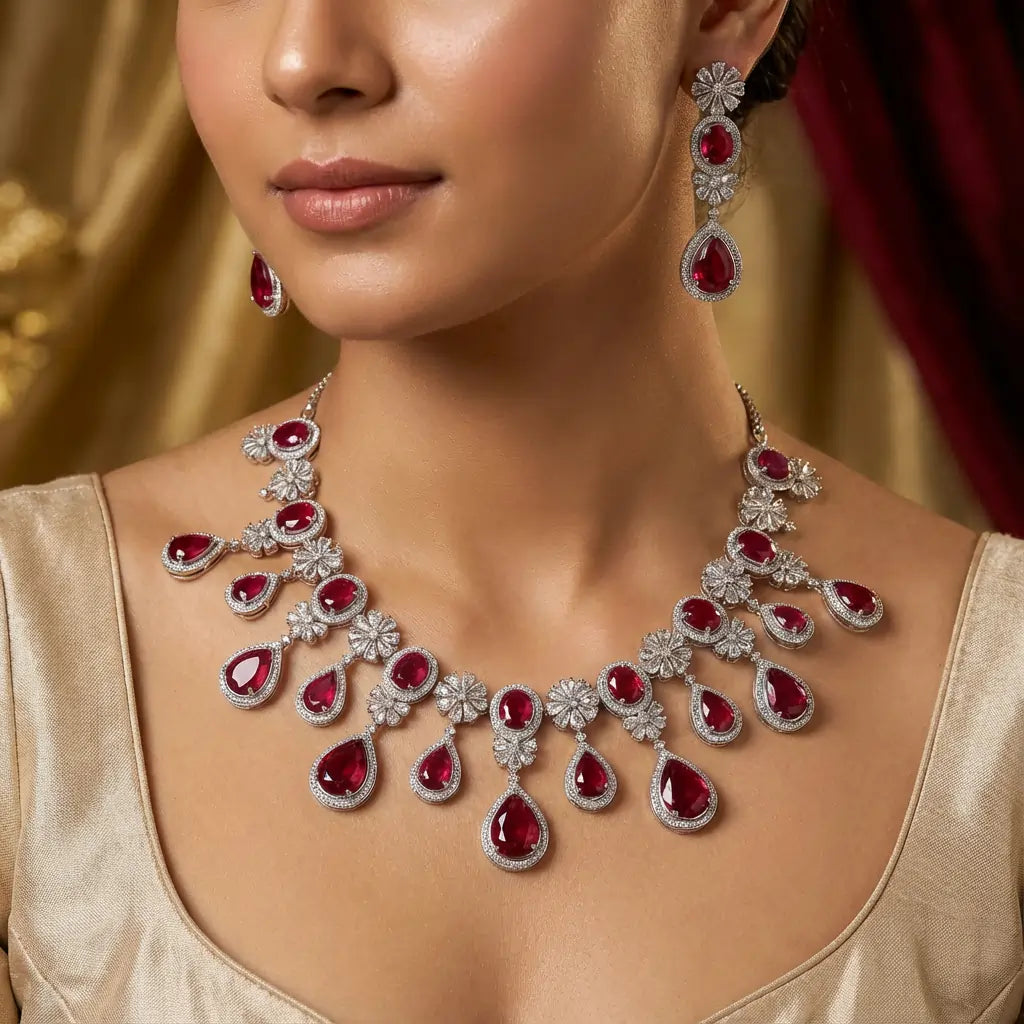 Woman wearing a luxurious red gemstone necklace and earrings with a gold background