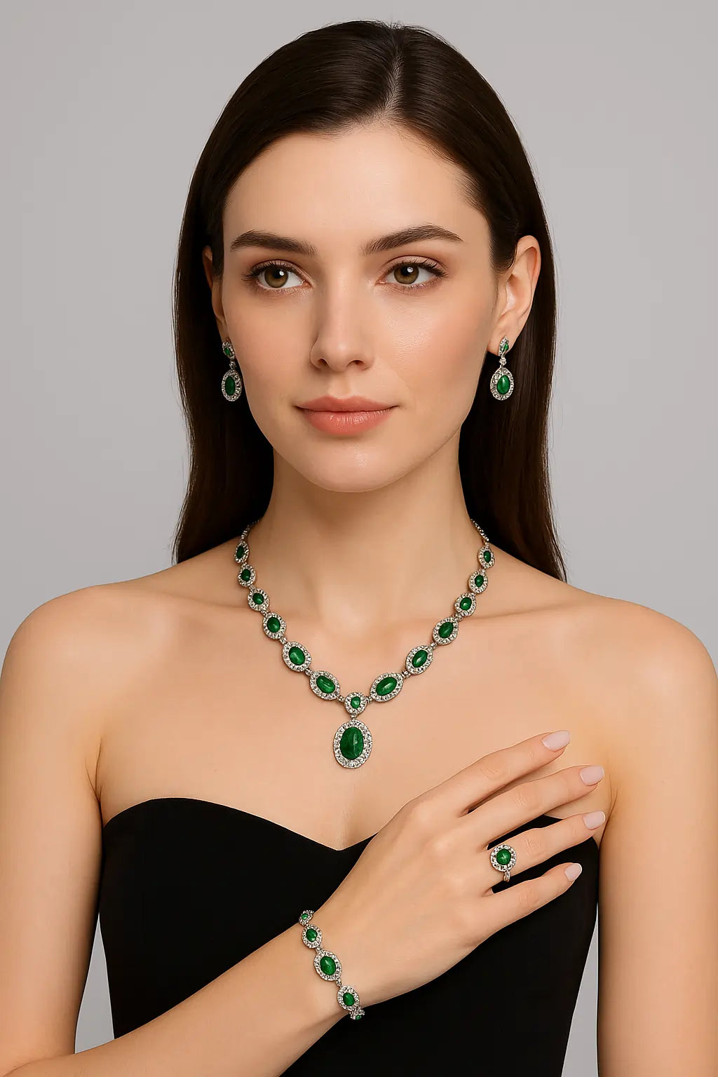 Emerald Glow™ 4-Piece Royal Green American Diamond Jewelry Set – Necklace, Earrings, Bracelet & Ring