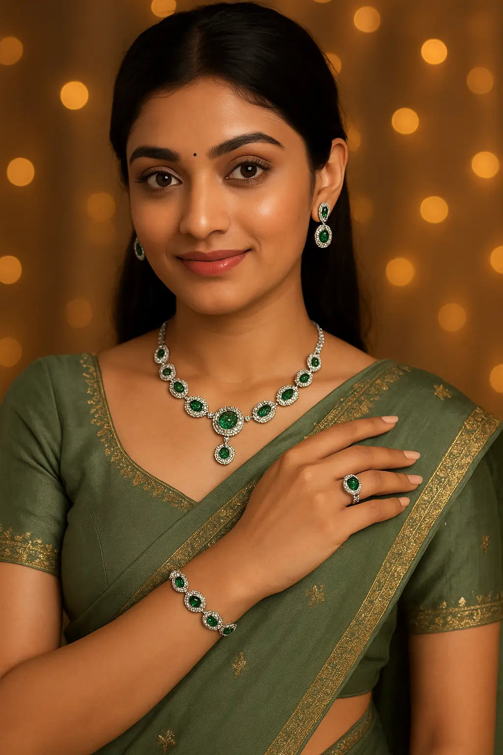 Emerald Glow™ 4-Piece Royal Green American Diamond Jewelry Set – Necklace, Earrings, Bracelet & Ring