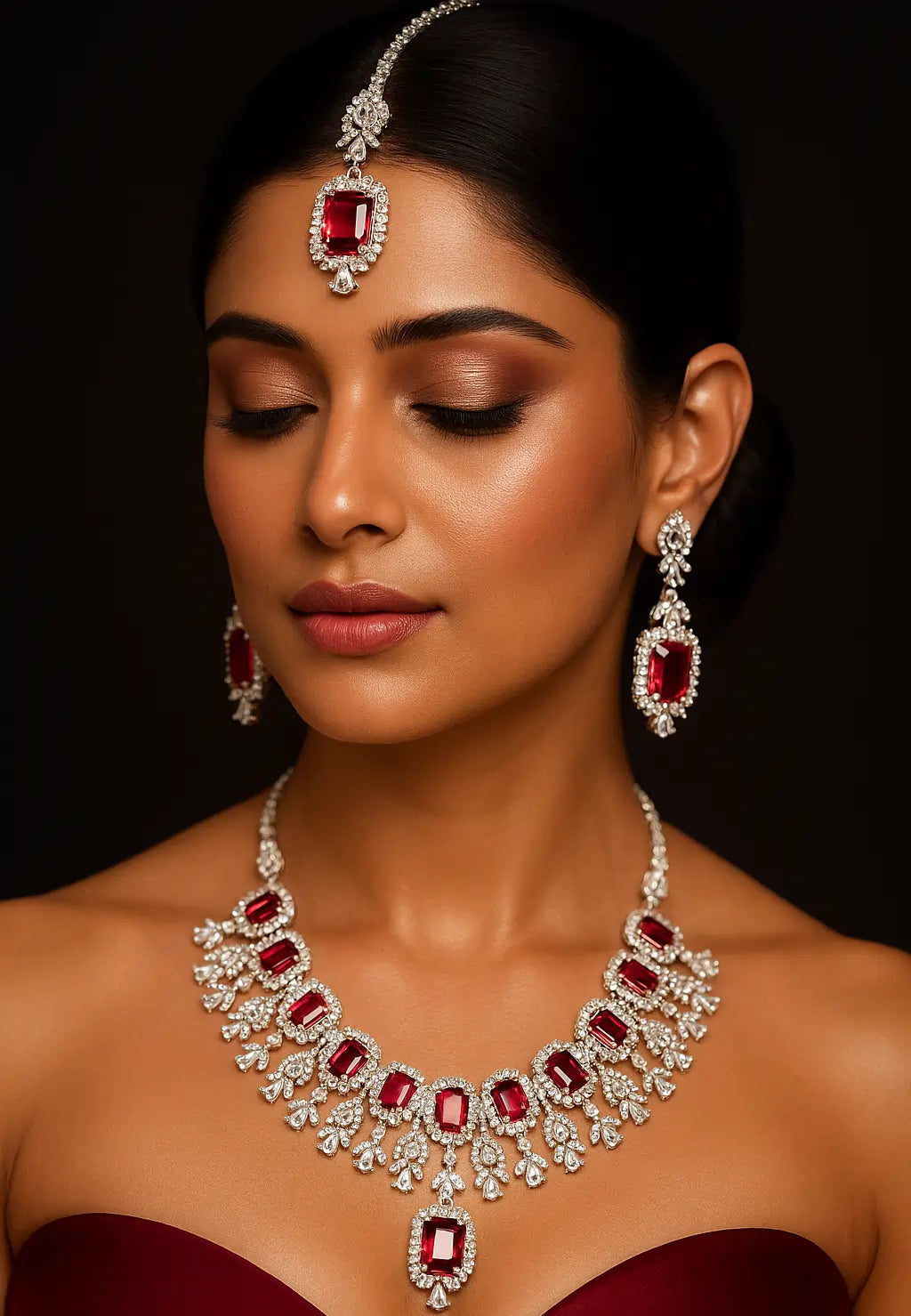Woman wearing a red and silver jewelry set against a dark background