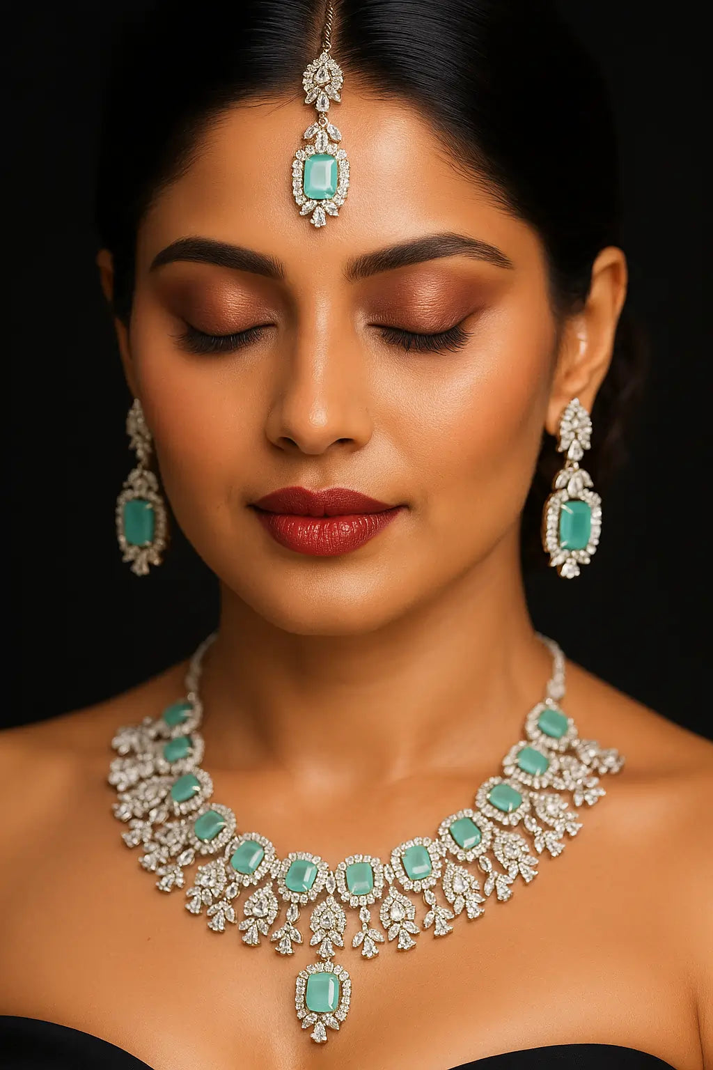 Woman wearing a luxurious emerald and diamond jewelry set against a dark background