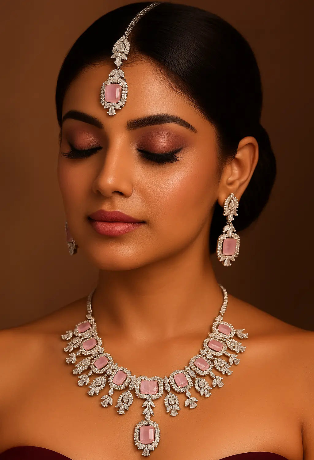 Woman wearing a pink and silver jewelry set against a brown background
