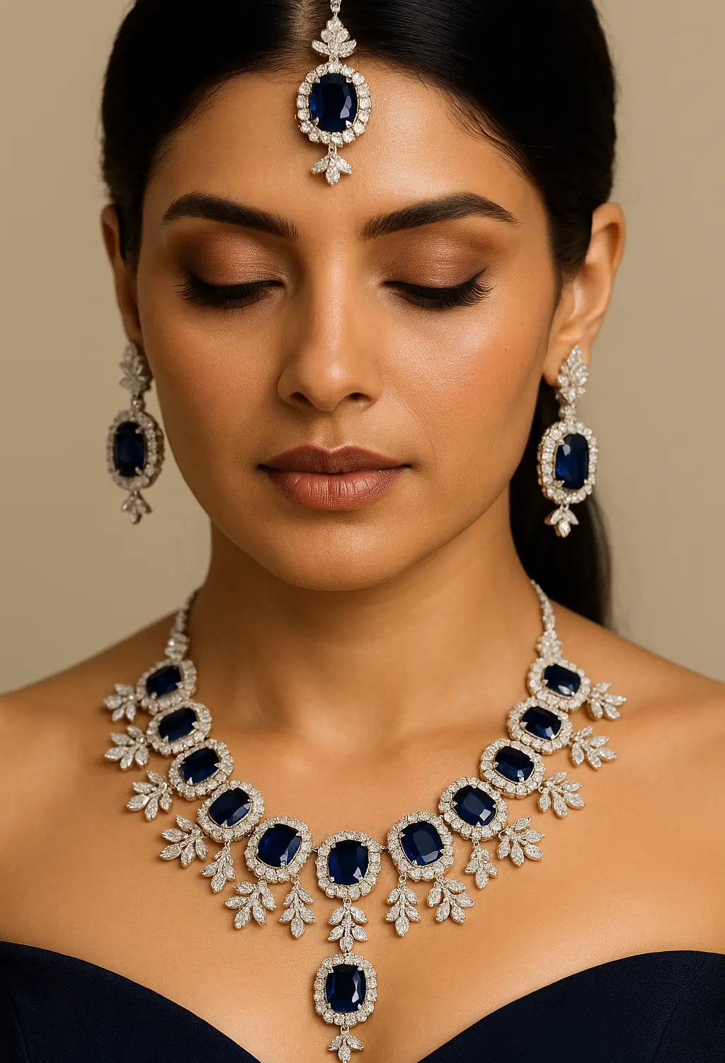 Woman wearing a blue gemstone necklace and earrings on a beige background
