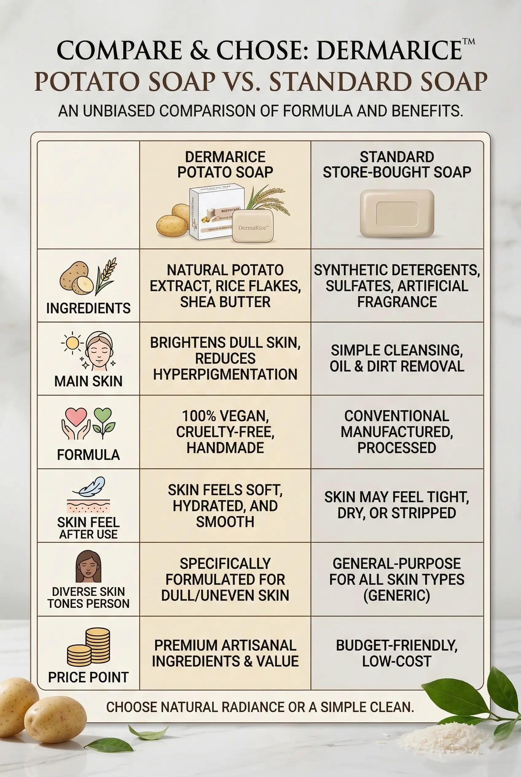 DermaRice™ Potato Brightening Soap – Tan Removal & Skin Glow Bath Bar (100g Each | Buy 1 Get 1 | Deep Cleansing Soap for Face & Body