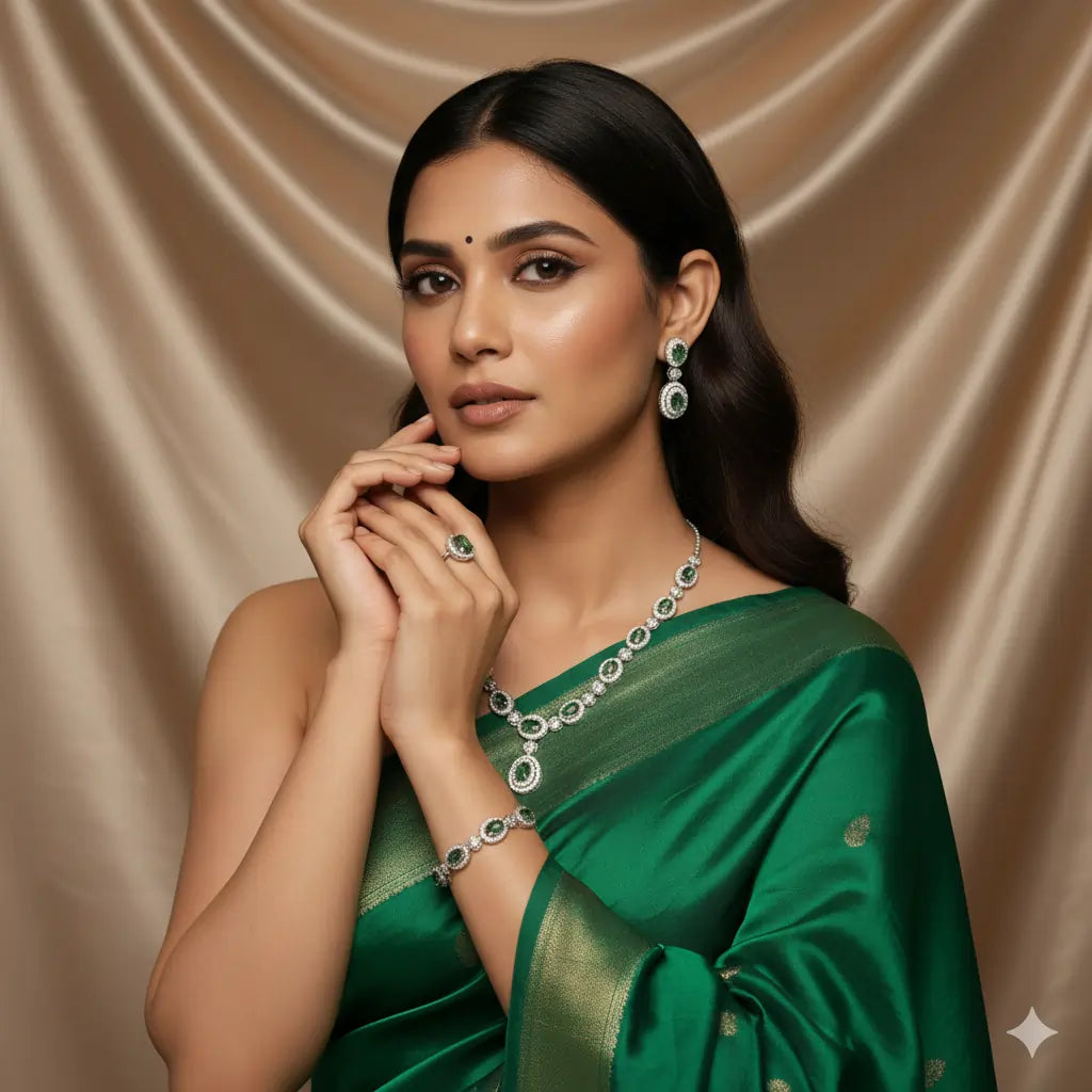 Emerald Glow™ 4-Piece Royal Green American Diamond Jewelry Set – Necklace, Earrings, Bracelet & Ring