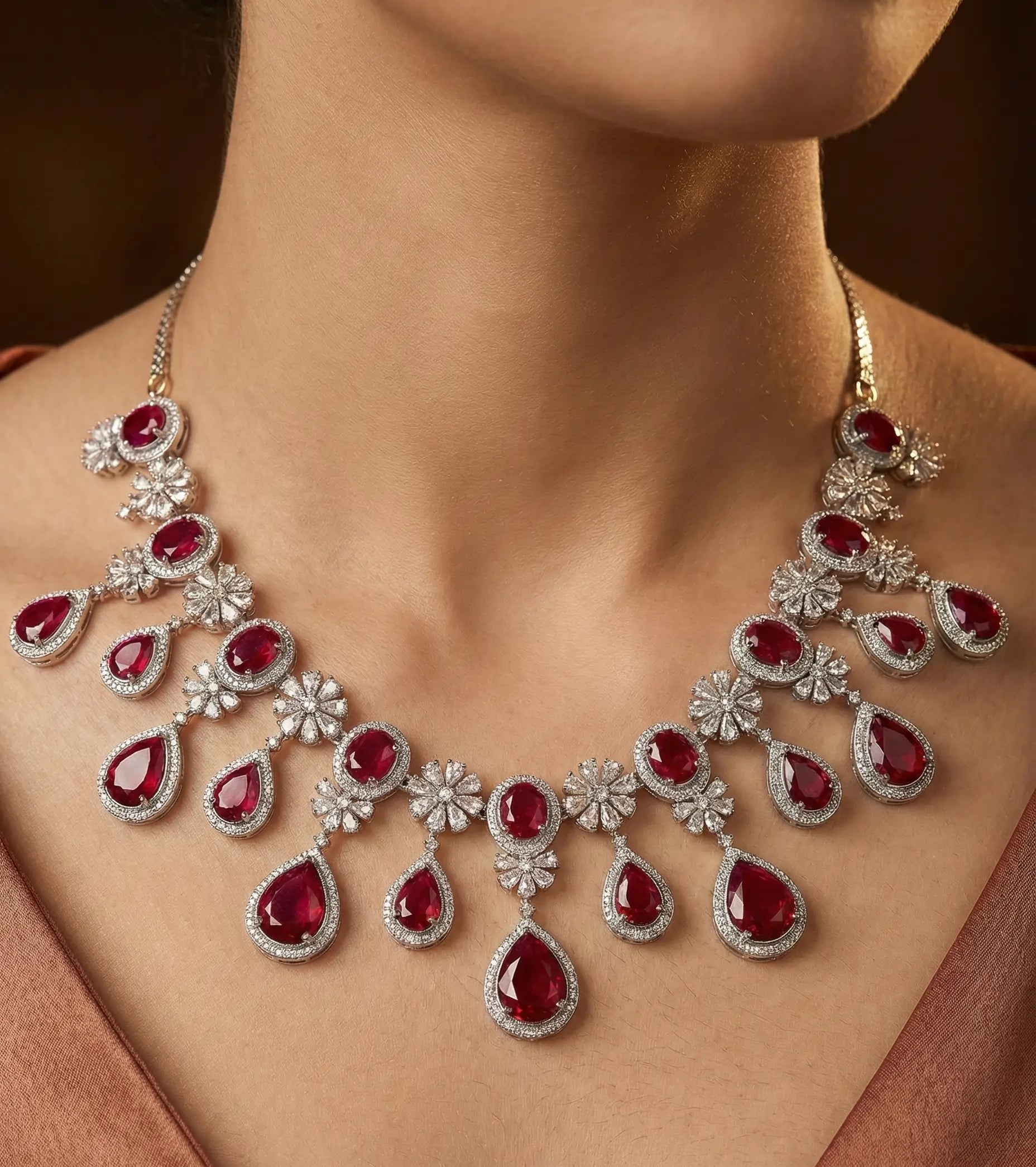 Royal Ruby CZ Floral Drop Necklace & Earrings Set | Silver-Tone Statement Jewelry for Weddings & Festive Wear