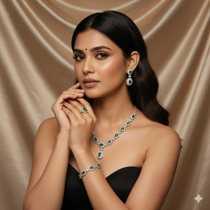 Emerald Glow™ 4-Piece Royal Green American Diamond Jewelry Set – Necklace, Earrings, Bracelet & Ring