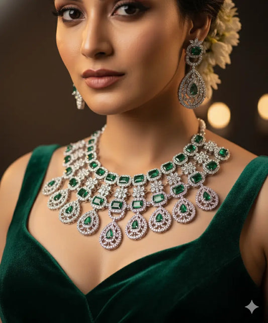 QueenAura™ Premium Silver-Plated Bridal Jewelry Set – Necklace, Maangtika & Earrings with American CZ Diamonds