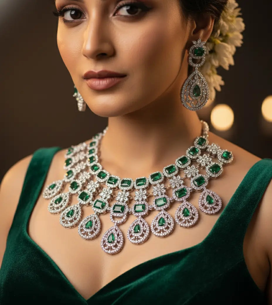 Woman wearing a luxurious emerald and diamond necklace and earrings against a warm-toned background.