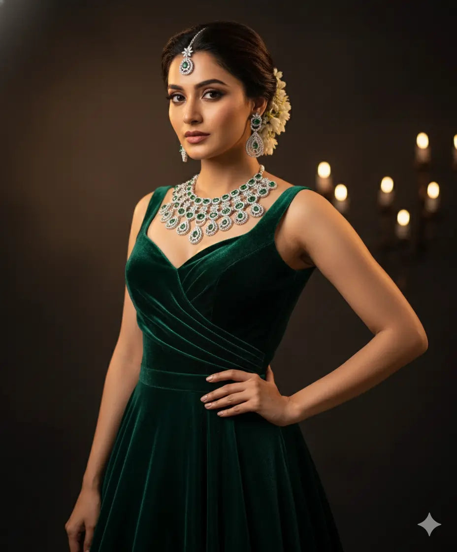 QueenAura™ Premium Silver-Plated Bridal Jewelry Set – Necklace, Maangtika & Earrings with American CZ Diamonds