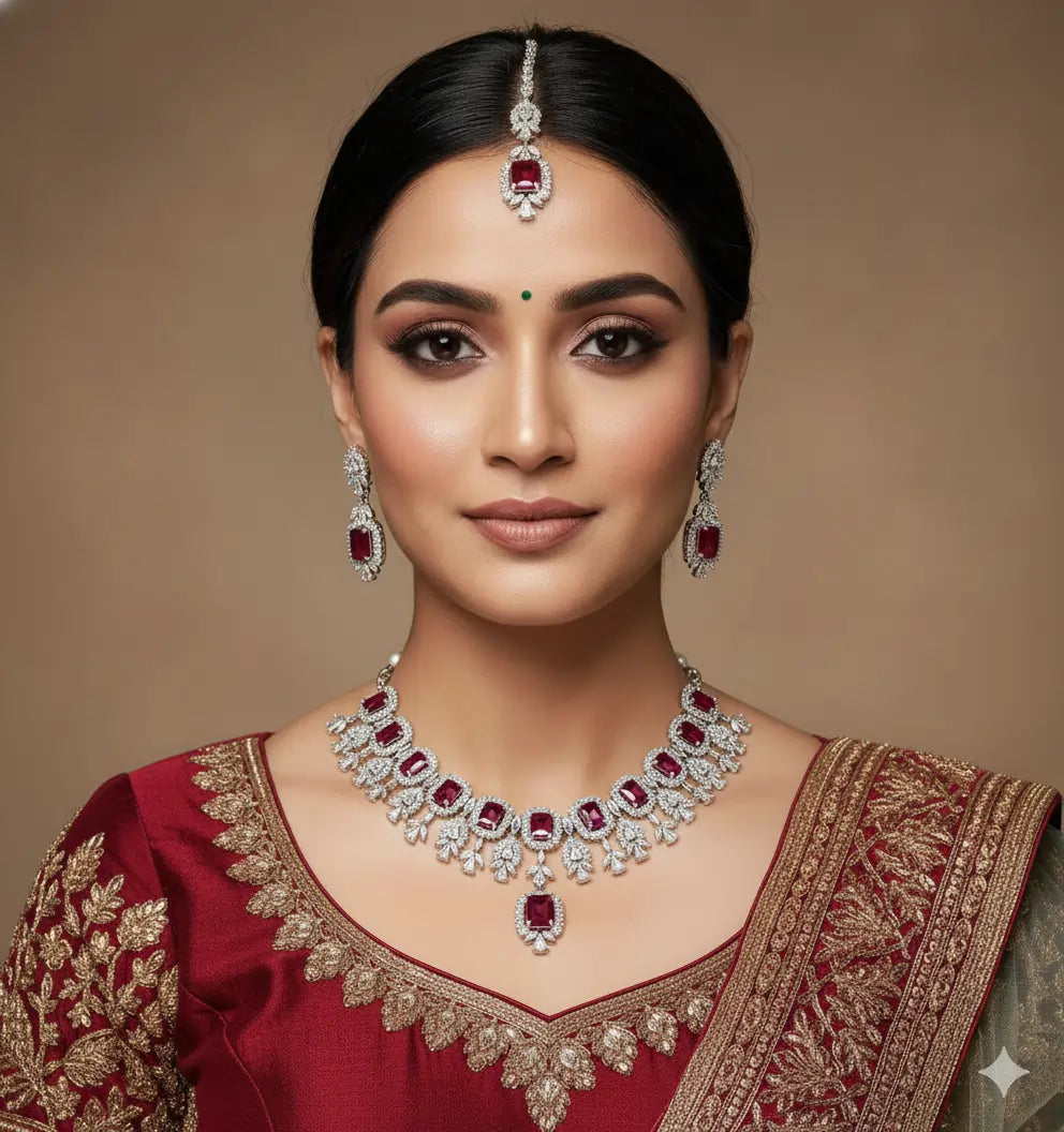 Woman wearing traditional jewelry and a red saree with gold patterns on a brown background