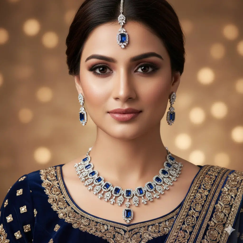 Woman wearing a blue and gold traditional outfit with jewelry against a warm, blurred background