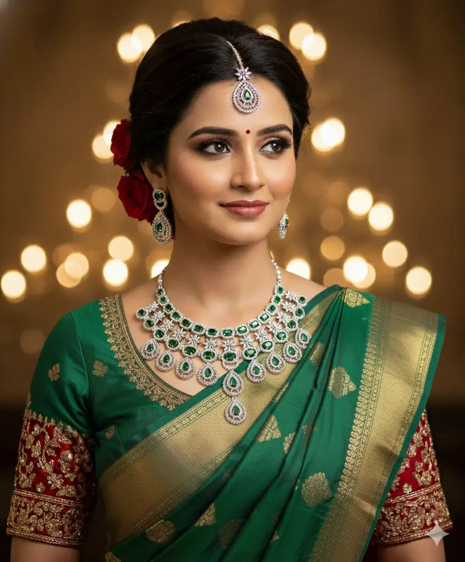 QueenAura™ Premium Silver-Plated Bridal Jewelry Set – Necklace, Maangtika & Earrings with American CZ Diamonds