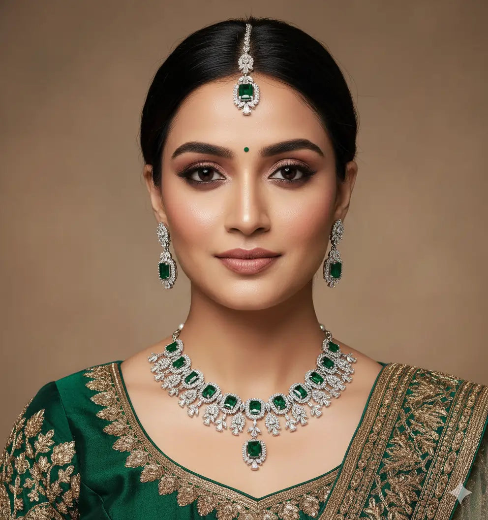 Woman wearing emerald and diamond jewelry against a brown background