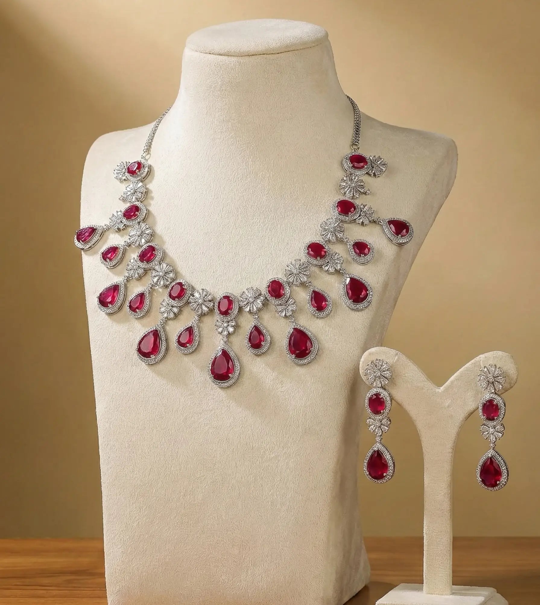 Royal Ruby CZ Floral Drop Necklace & Earrings Set | Silver-Tone Statement Jewelry for Weddings & Festive Wear