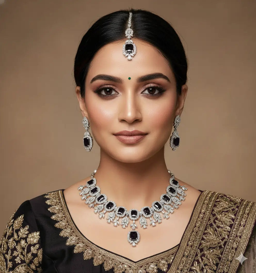 Woman wearing traditional jewelry with a plain background