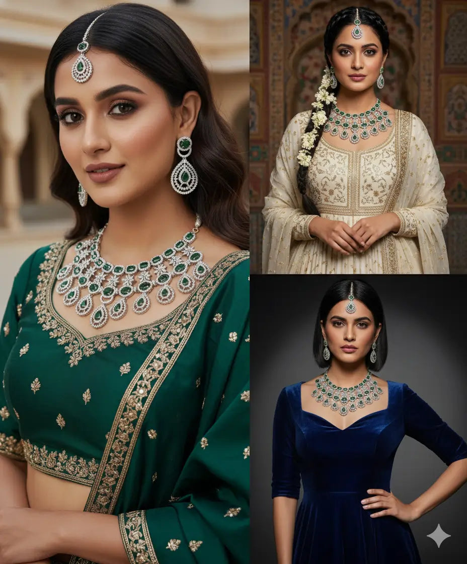 QueenAura™ Premium Silver-Plated Bridal Jewelry Set – Necklace, Maangtika & Earrings with American CZ Diamonds