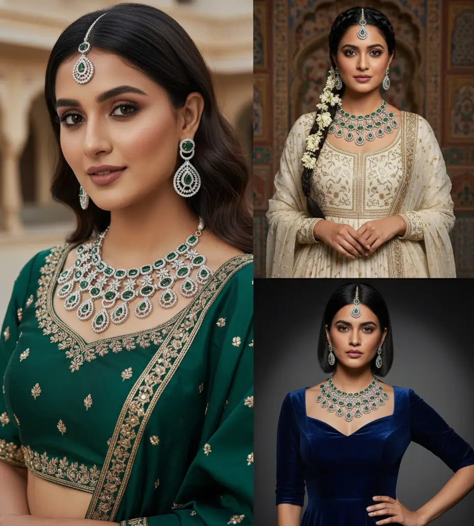 Collage of a woman in traditional attire with jewelry, set against various backdrops.