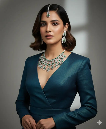 QueenAura™ Premium Silver-Plated Bridal Jewelry Set – Necklace, Maangtika & Earrings with American CZ Diamonds