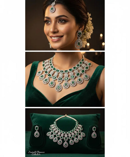 QueenAura™ Premium Silver-Plated Bridal Jewelry Set – Necklace, Maangtika & Earrings with American CZ Diamonds