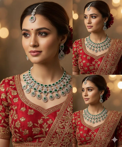 QueenAura™ Premium Silver-Plated Bridal Jewelry Set – Necklace, Maangtika & Earrings with American CZ Diamonds