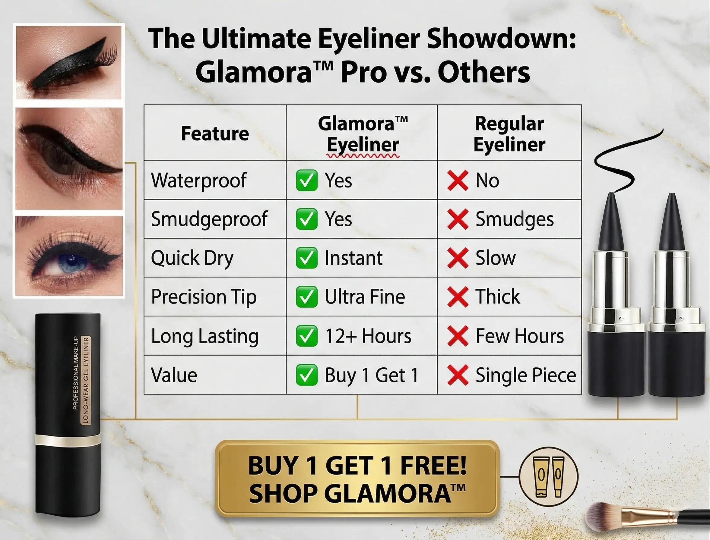 Glamora™ Pro Waterproof Eyeliner– Quick Dry Smudgeproof Liquid Liner Buy 1 Get 1