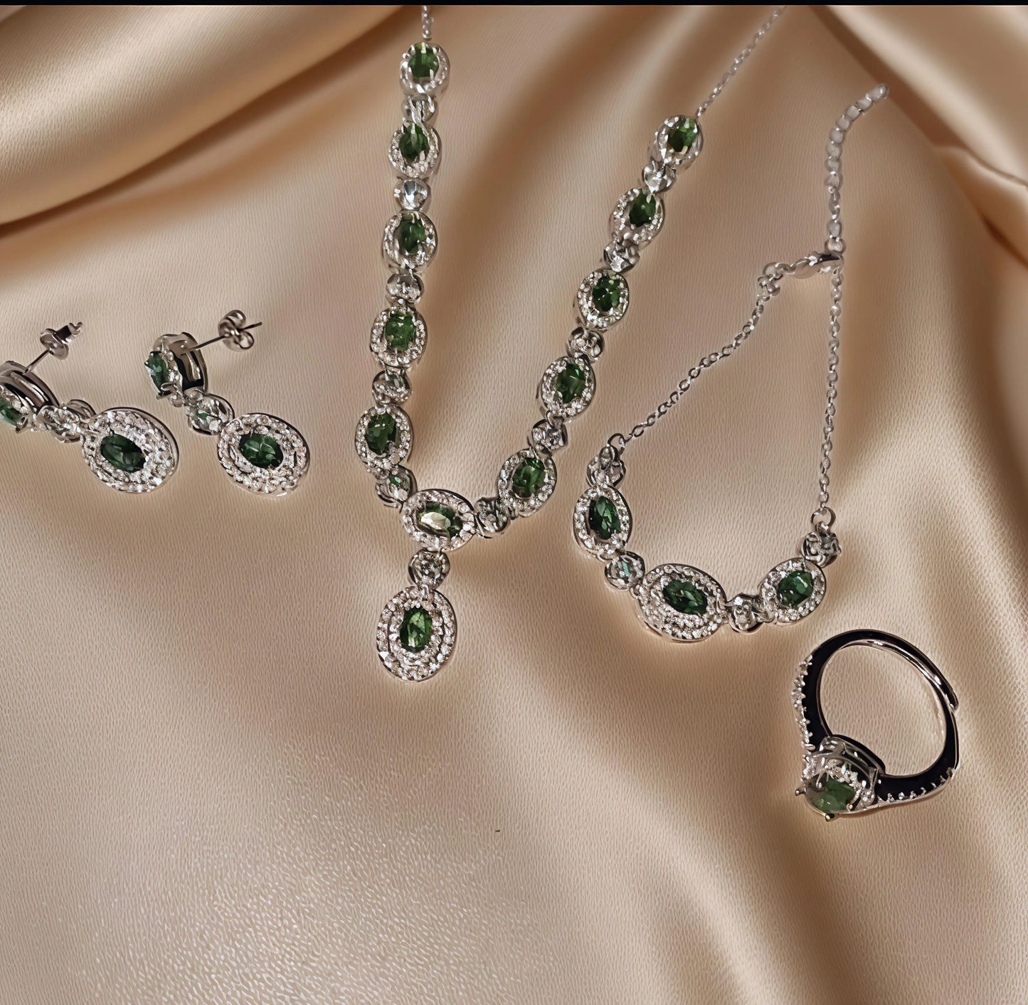 Emerald Glow™ 4-Piece Royal Green American Diamond Jewelry Set – Necklace, Earrings, Bracelet & Ring
