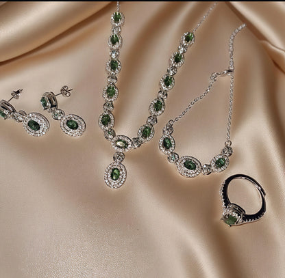 Emerald Glow™ 4-Piece Royal Green American Diamond Jewelry Set – Necklace, Earrings, Bracelet & Ring