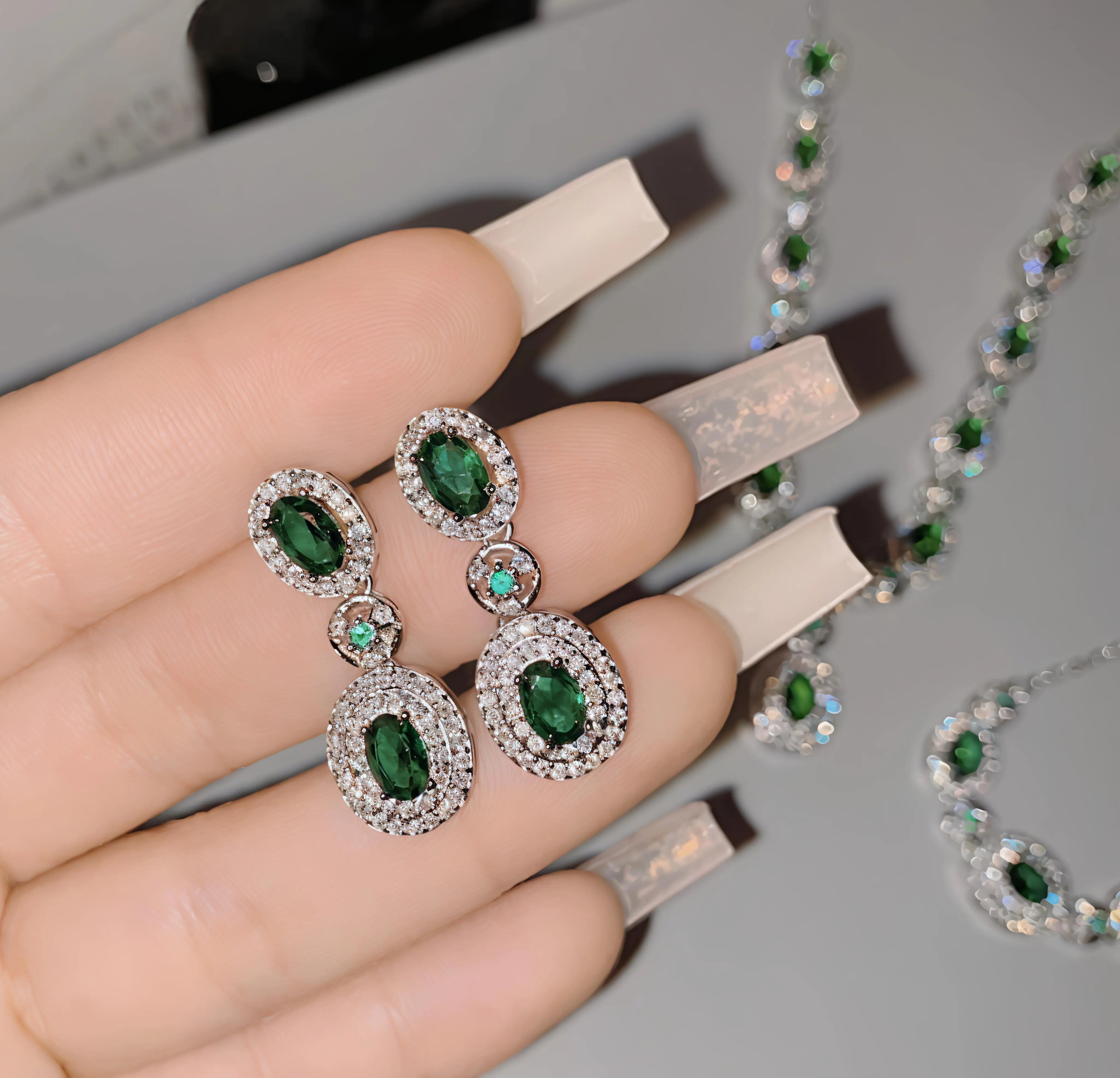 Emerald Glow™ 4-Piece Royal Green American Diamond Jewelry Set – Necklace, Earrings, Bracelet & Ring