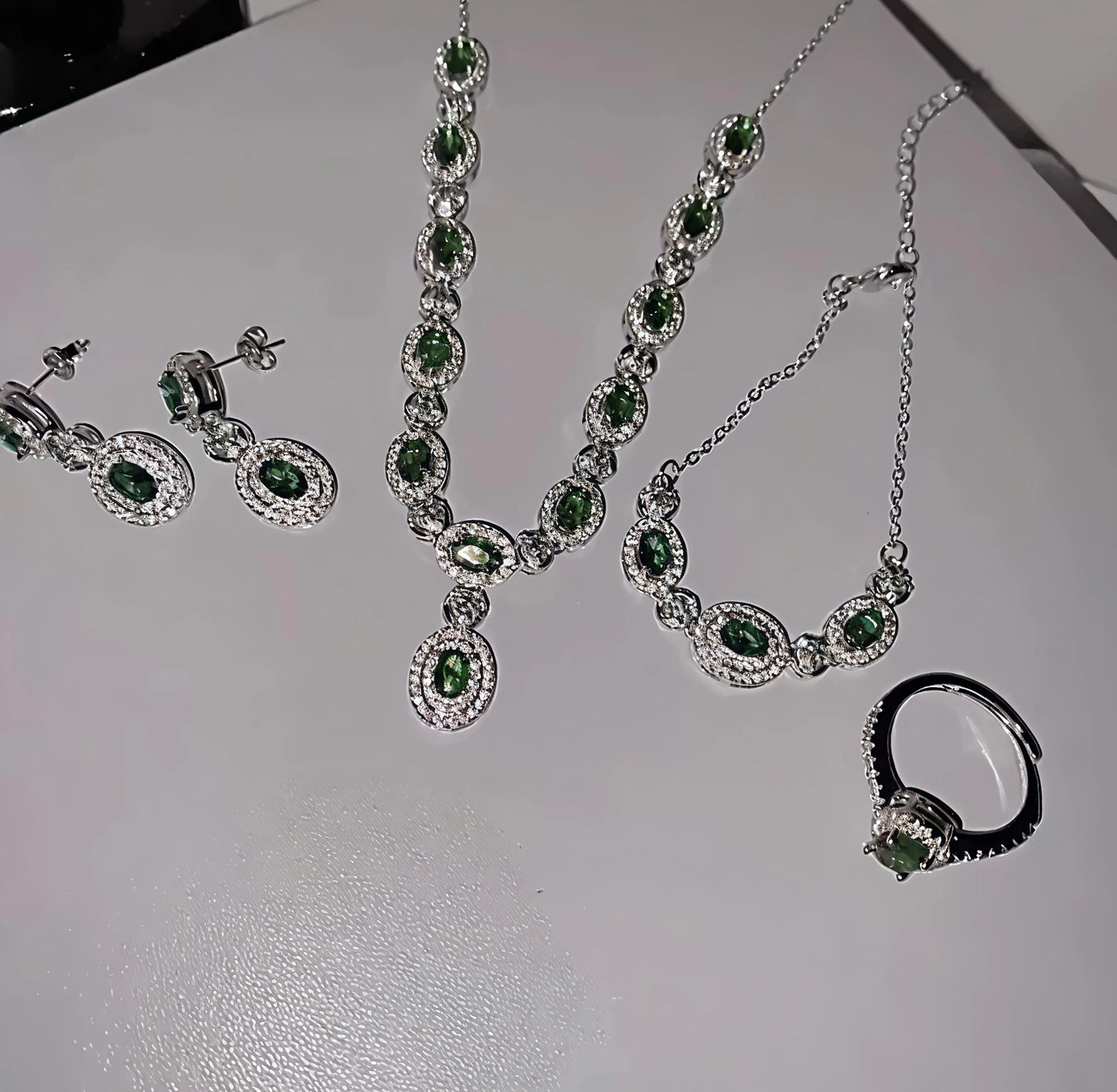 Emerald Glow™ 4-Piece Royal Green American Diamond Jewelry Set – Necklace, Earrings, Bracelet & Ring