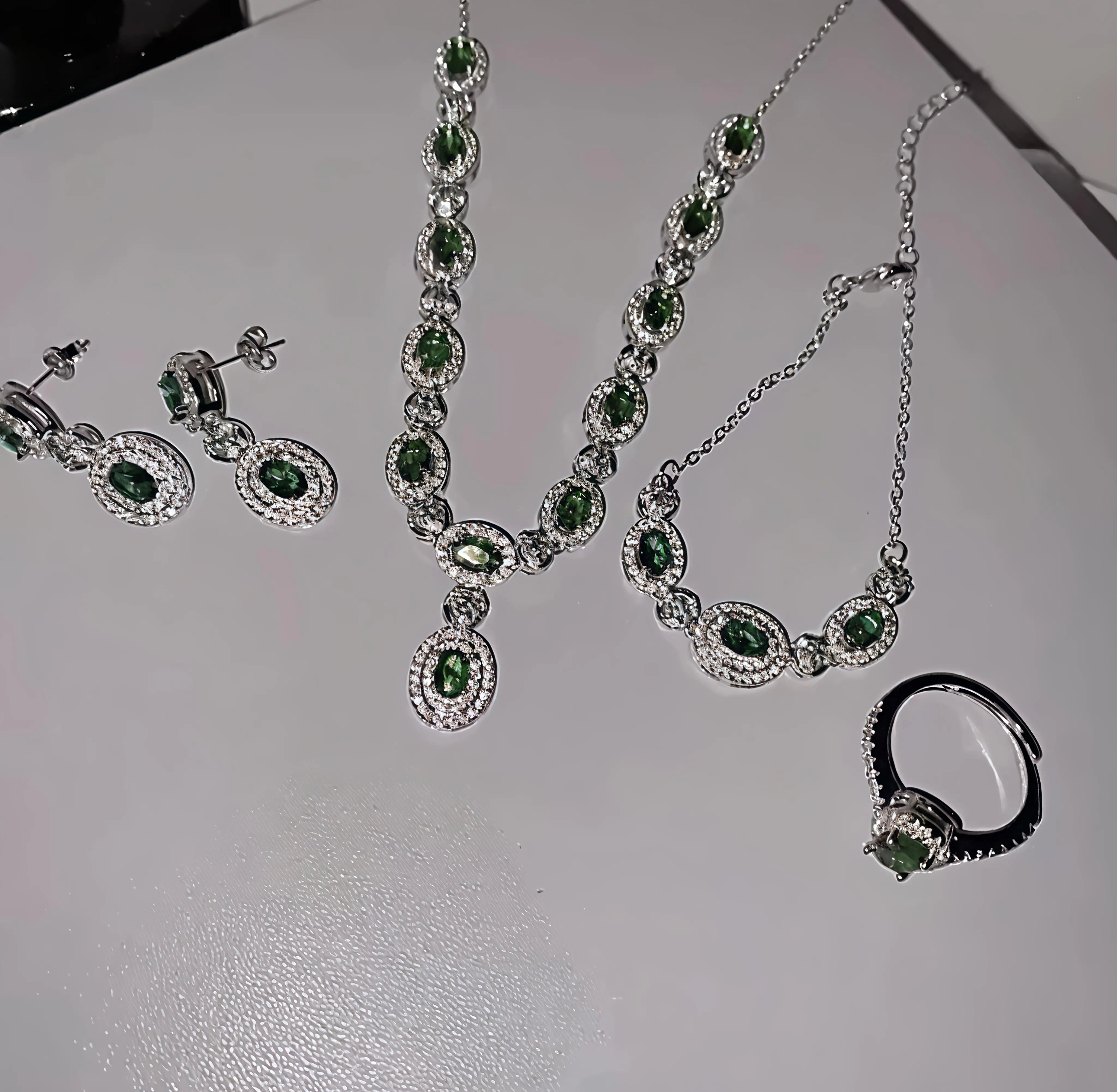 Emerald Glow™ 4-Piece Royal Green American Diamond Jewelry Set – Necklace, Earrings, Bracelet & Ring
