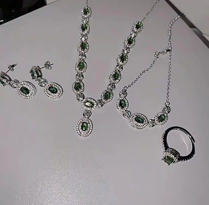 Emerald Glow™ 4-Piece Royal Green American Diamond Jewelry Set – Necklace, Earrings, Bracelet & Ring