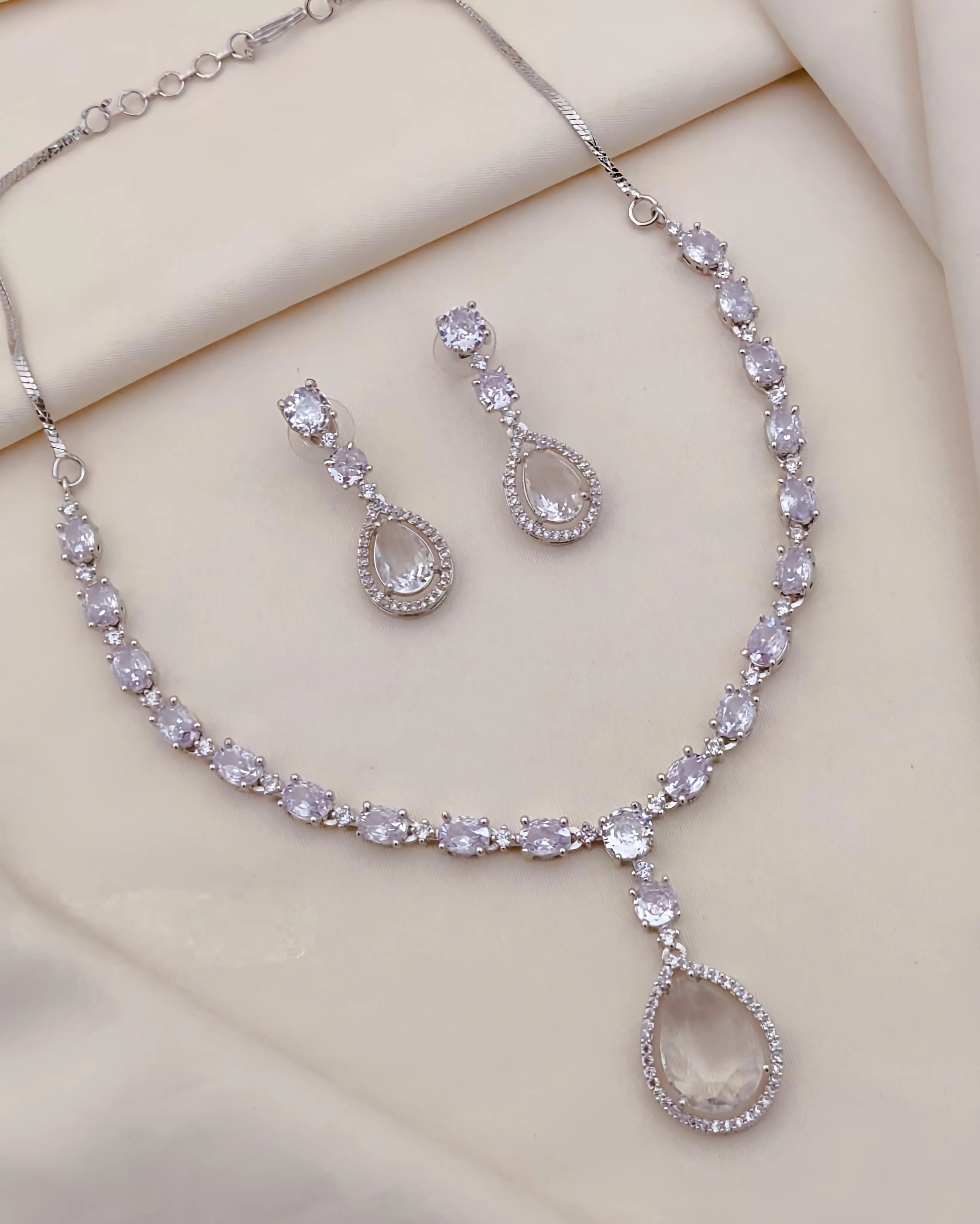 Royal Teardrop CZ Necklace & Earrings Set for Women – Silver-Tone Statement Jewelry