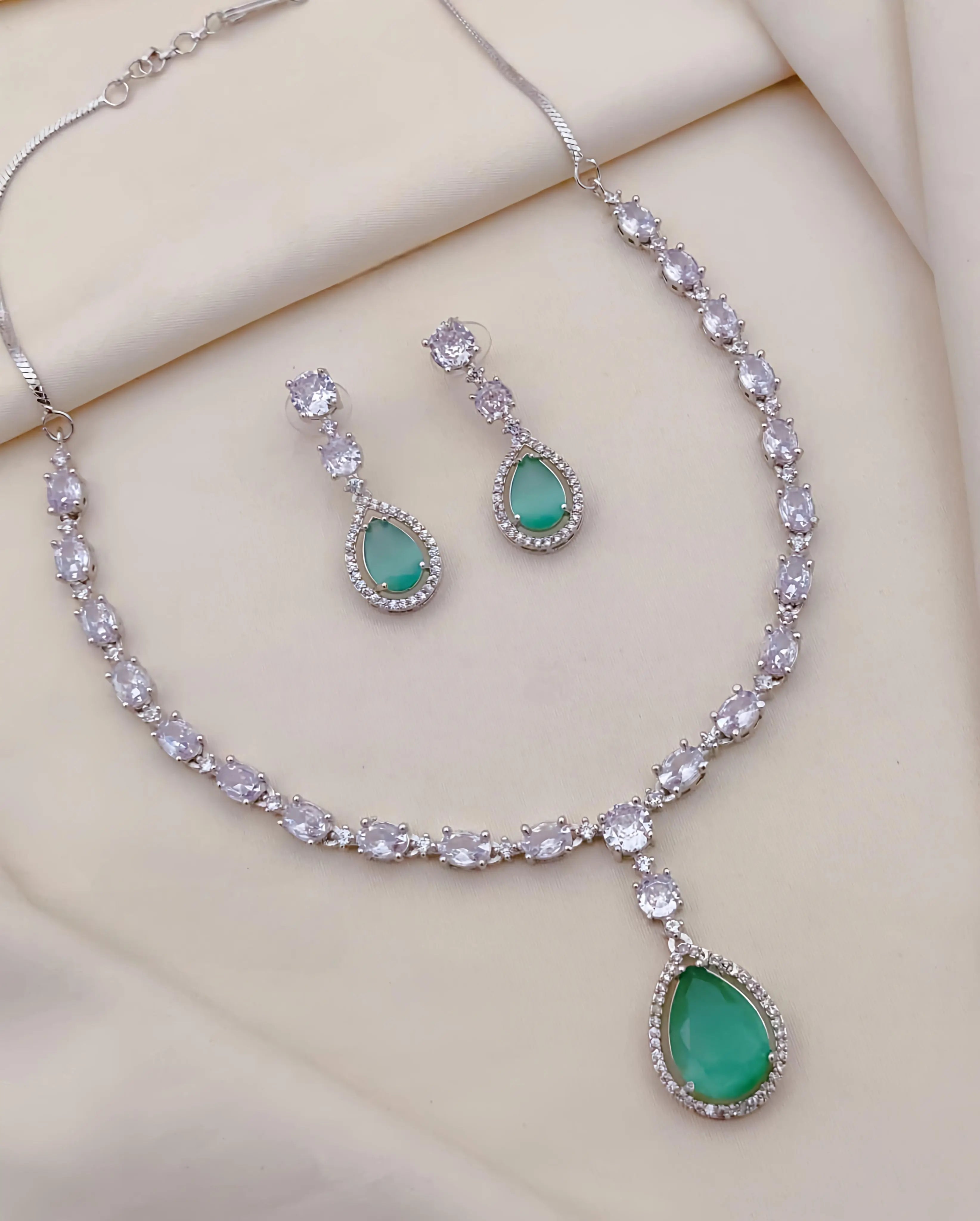 Royal Teardrop CZ Necklace & Earrings Set for Women – Silver-Tone Statement Jewelry