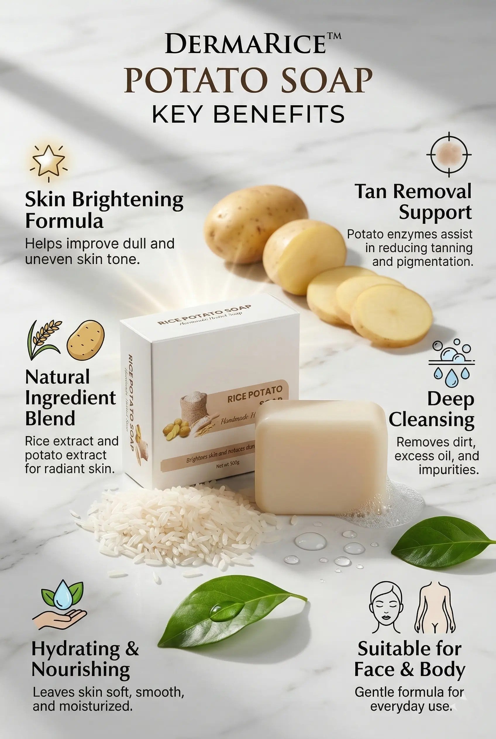 DermaRice™ Potato Brightening Soap – Tan Removal & Skin Glow Bath Bar (100g Each | Buy 1 Get 1 | Deep Cleansing Soap for Face & Body