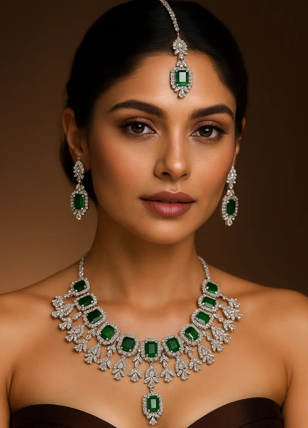 Woman wearing a luxurious emerald and diamond jewelry set against a brown background