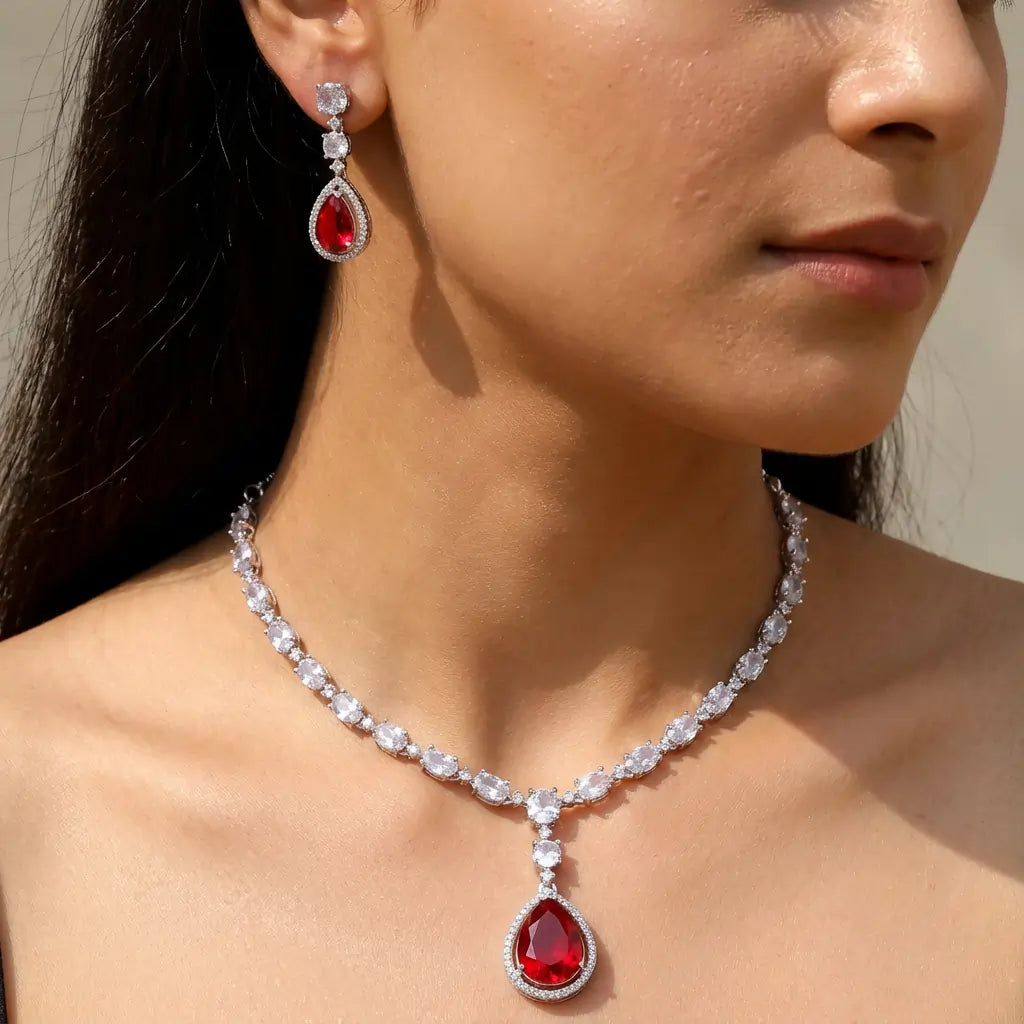 Royal Teardrop CZ Necklace & Earrings Set for Women – Silver-Tone Statement Jewelry