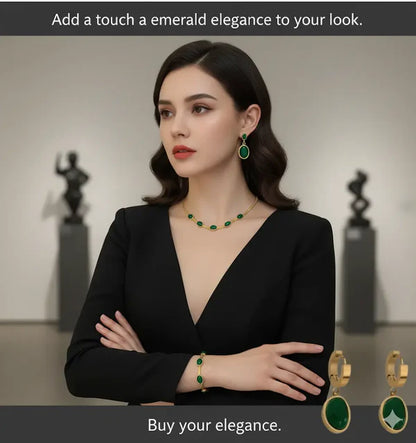 Emerald Glow™ Oval Green Stainless Crystal Pendant Necklace & Bracelet Set- Gold-Plated Elegance