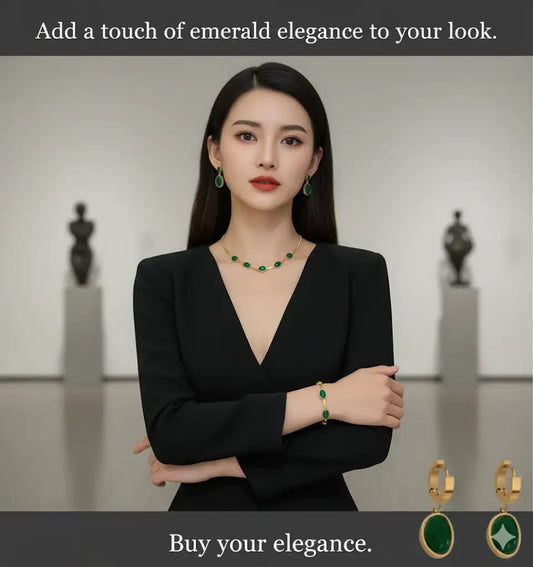 Emerald Glow™ Oval Green Stainless Crystal Pendant Necklace & Bracelet Set- Gold-Plated Elegance